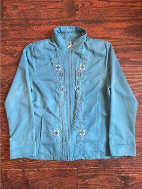 Women's Teal Embroidered Zip-Front Jacket